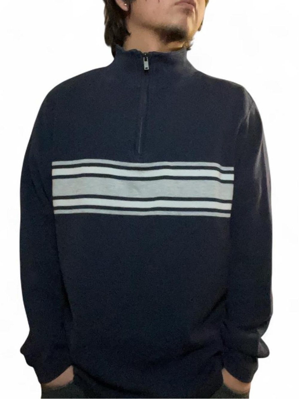Great Northwest Clothing Company Men's Navy Blue Striped Quarter Zip Pullover Sw